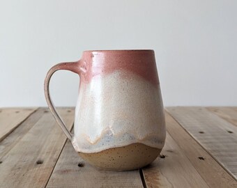 Wheel Thrown Curved Ceramic Coffee Mug in Rose Quartz Glaze, Large Coffee Mug