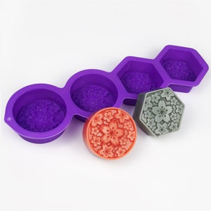 Molde de gel de sílice de flor de cuatro agujeros, molde redondo para jabón, molde hexagonal para jabón manual, molde para velas DIY