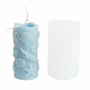 May include: A light blue candle with a seashell design and a white wick. The candle is in a clear silicone mould.