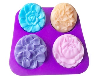 Stampo per sapone in silicone floreale: strumento per sapone e lozione a forma di fiore rotondo a 4 cavità