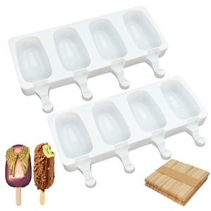Popsicle Molds (Set of 2), Silicone Ice Pop Molds 4 Cavities Oval Homemade Cake Popsicle Maker with 50 Wooden Sticks for DIY Ice Cream Bar