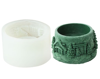 Relief Christmas Scene Cup Candle Mold DIY Candlestick Christmas Tree House Snowman Candle Mold Silicone Flip Sugar