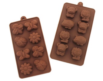 Moldes de silicone de animais da floresta: urso, leão, hipopótamo - conjunto de 2 sabonetes de gelatina de pudim de chocolate