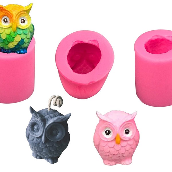 Lot de 3 moules à bougie hibou 3D, moule en silicone hibou pour fondant au chocolat, bonbons faits main, bougie, décoration de gâteau, argile fimo