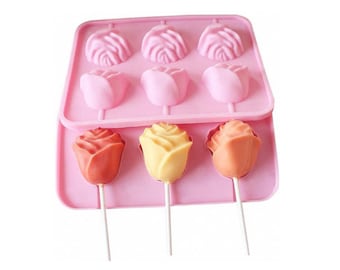 3D Flower Lollipop Mold and 20Pcs Sticks - Rose Silicone Lolly Pop Tray for Hard Candy Chocolate Gummy Jello Sucker