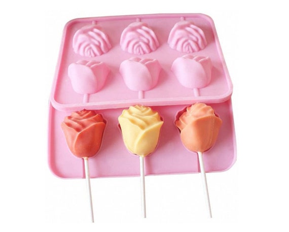 3D Flower Lollipop Mold and 20pcs Sticks Rose Silicone Lolly Pop Tray for  Hard Candy Chocolate Gummy Jello Sucker 