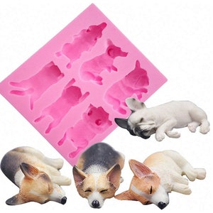 6-Cavity Sleeping Dog Corgi and French Bulldog Silicone Mold for Fondant Chocolate Candy Gum Paste Polymer Clay Resin Kitchen