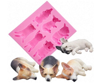 Sleeping Dog Silicone Mold: Corgi & French Bulldog Candy, Chocolate, Cake Decoration, Clay, Resin Crafts