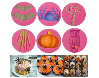 6Pcs/Set Halloween Fondant Molds, Halloween Bat Pumpkin Spider Owl Skeleton Tree Branch Silicone Chocolate Candy Mold for Epoxy Resin Mould