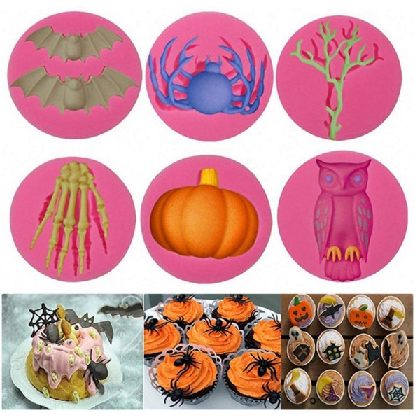 6Pcs/Set Halloween Fondant Molds, Halloween Bat Pumpkin Spider Owl Skeleton Tree Branch Silicone Chocolate Candy Mold for Epoxy Resin Mould