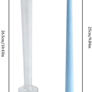 May include: A clear plastic candle mold, 10.43 inches tall, next to a light blue taper candle, 9.84 inches tall. The mold is 2.01 inches wide at the base and the candle is 0.87 inches wide. Candle making supplies.