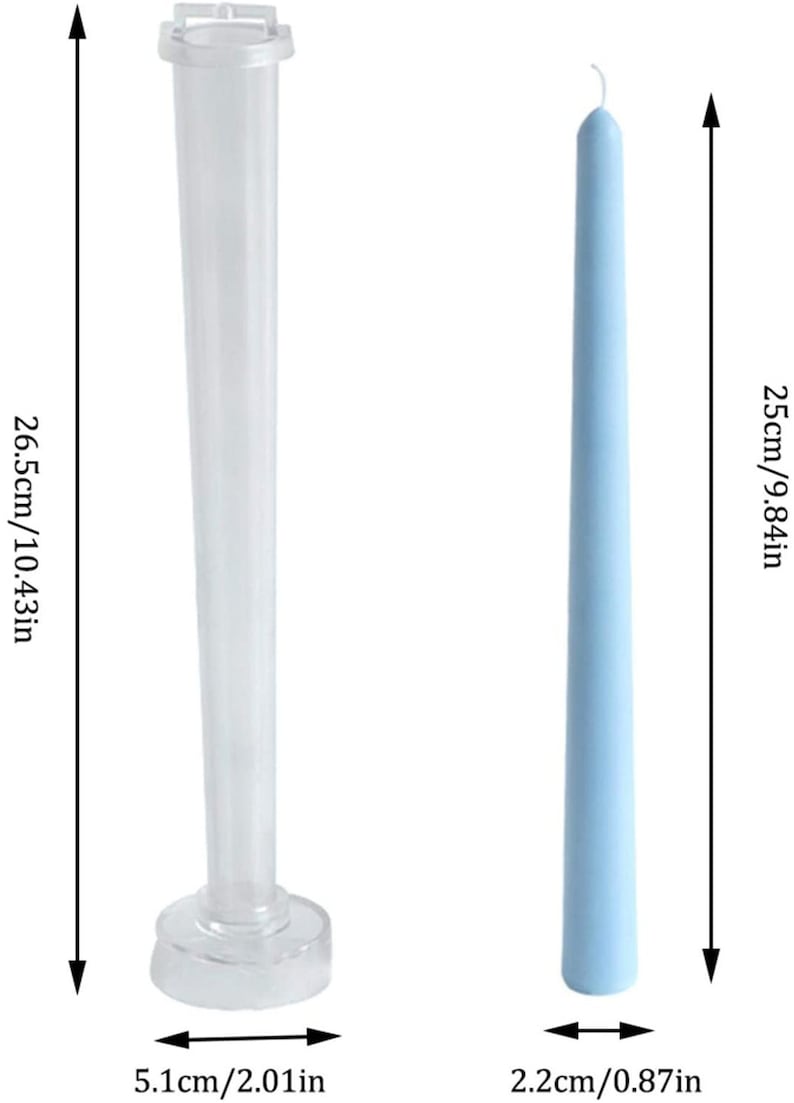 May include: A clear plastic candle mold, 10.43 inches tall, next to a light blue taper candle, 9.84 inches tall. The mold is 2.01 inches wide at the base and the candle is 0.87 inches wide. Candle making supplies.
