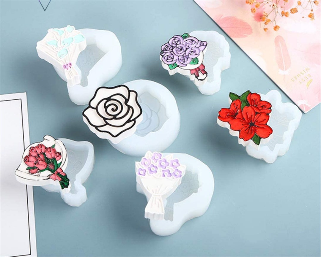 Plaster Keychains 6 Pcs Keychain Charm Epoxy Resin Silicone Molds Flower Bouquet Casting ...
