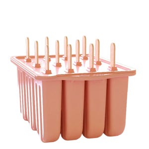 May include: A peach-colored popsicle mold with wooden sticks. The rectangular mold has individual compartments for each popsicle. The wooden sticks are inserted into the top of the mold. The mold is made of plastic.