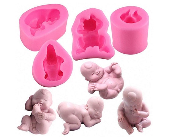 GOWA 4pcs/set 3D Cute Newborn Sleeping Baby Silicone Molds for Fondant Chocolate Candy Soap Craft Baby Shower Birthday Party Cake