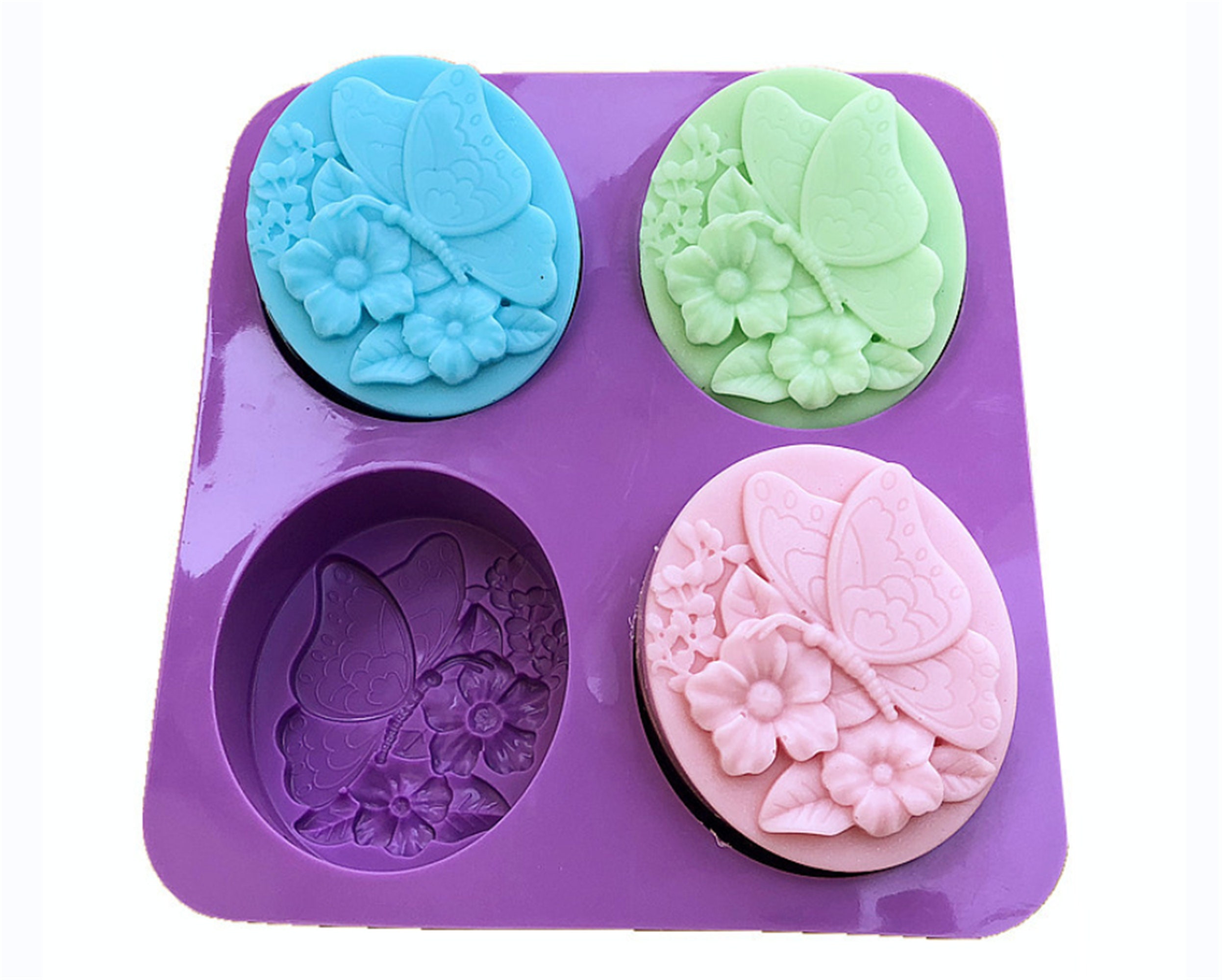 Rotate Color 3 Pack Silicone Soap Molds, 4 Cavities Silicone Soap Mold Rectangle Oval and Butterfly Flower Shapes Soap Molds for Soap Making Handmade Cake