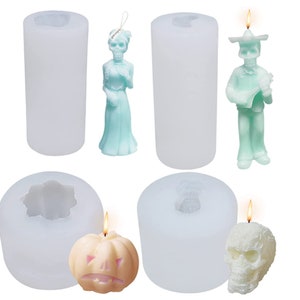 4 Pieces Silicone Candle Molds Halloween Ghost Bridegroom Bride Pumpkin Skull Resin Casting Mold 3D Epoxy Mold for Candle Soap Clay