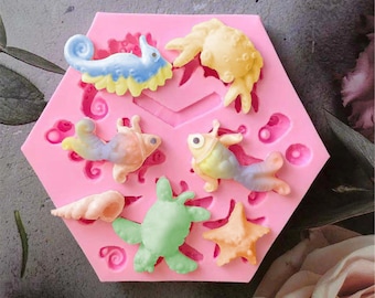Marine Silikonform: Muschel, Seepferdchen, Fisch, Krabbe, Schildkröte - Dekoration für Kuchen