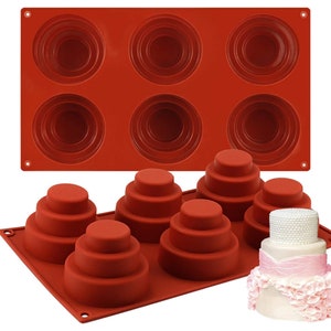 6 Cavities Mini 3 Tier Cake Silicone Pan - Multi Tiered Cupcake Mold DIY Round Cupcake Pudding Cookie Chocolate Baking Pan Nonstick