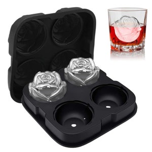 4 Cavity Silicone Rose Ice Ball Maker Ice Cube Trays for Cocktails Whiskey Green in Black