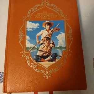 Adventures Of Tom Sawyer Orange Leather by Bound Mark Twain Illustration Book 1985 , Huckleberry Finn, Mississippi River, ISBN 0681311959