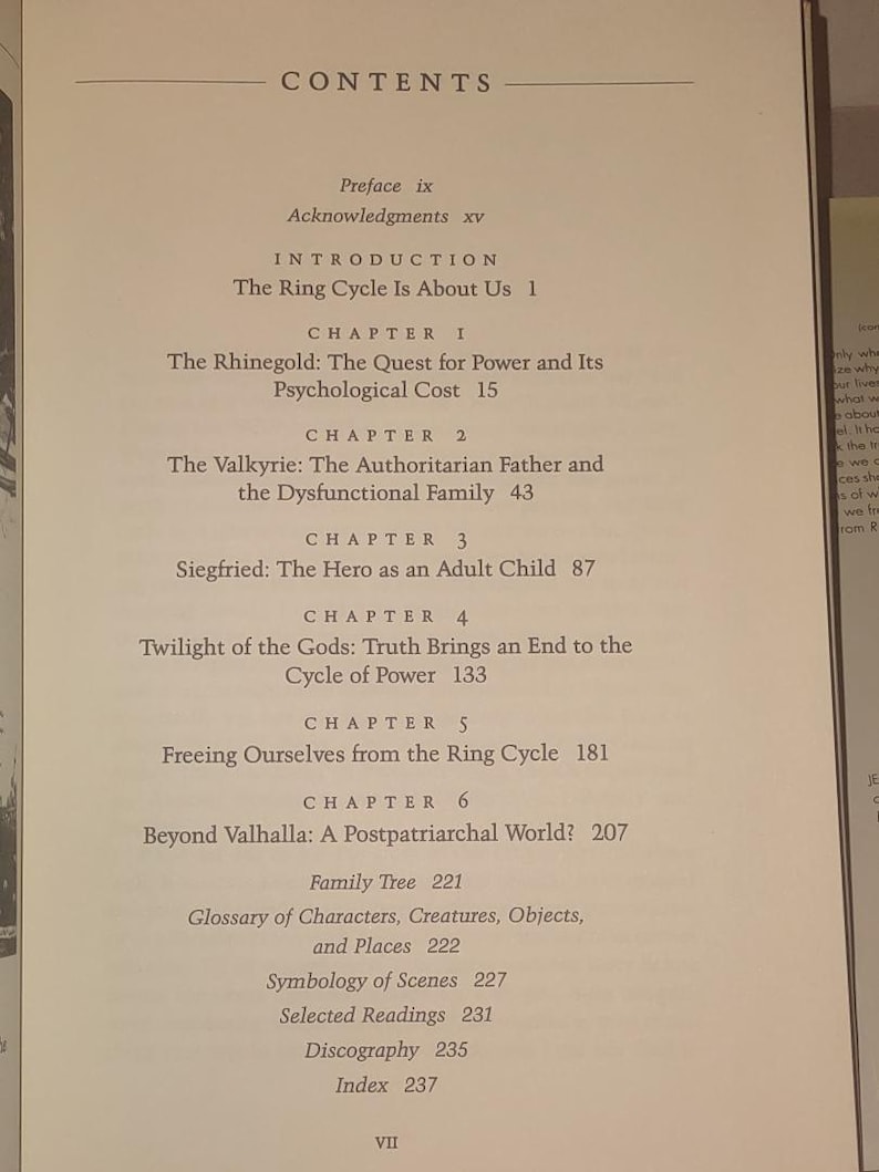 K&ouml;nnte beinhalten: Eine Inhaltsverzeichnisseite eines Buches mit der &Uuml;berschrift CONTENTS, die ein Vorwort, Danksagungen, eine Einleitung mit dem Titel The Ring Cycle Is About Us sowie sechs Kapitel zu The Rhinegold, The Valkyrie, Siegfried und mehr auflistet.