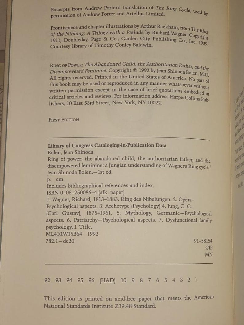 K&ouml;nnte beinhalten: Die Copyright-Seite des Buches Ring of Power: The Abandoned Child, the Authoritarian Father, and the Disempowered Feminine von Jean Shinoda Bolen. Sie enth&auml;lt die Katalogisierungsdaten der Library of Congress, die ISBN 0-06-250086-4 und Publikationsdetails.