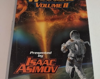 May include: The New Hugo Winners, Volume II, a science fiction anthology presented by Isaac Asimov. The cover features an astronaut in a white spacesuit against a backdrop of a fiery orange and yellow nebula.