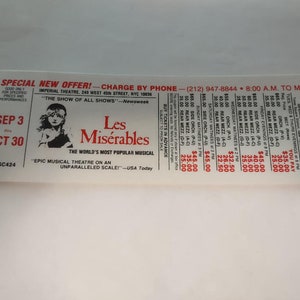 Victor Hugo&#39;s &quot;LES MISERABLES&quot; Boublil & Schonberg 2001 Broadway Promo Ticket , Memorabilia, Collectibles