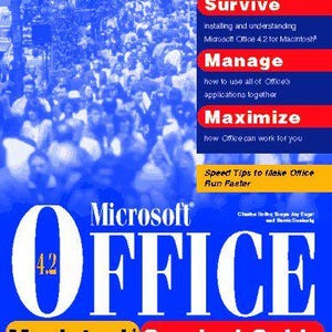 May include: A blue and white book cover with the title "Microsoft Office Macintosh Survival Guide". The cover features a large white number "4.2" and the text "Survive, Manage, Maximize".