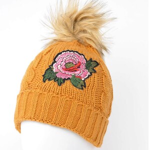 Pom Pom Embroidered Woman Beanie, Flower Design Knitted Beanie, Winter Accessory