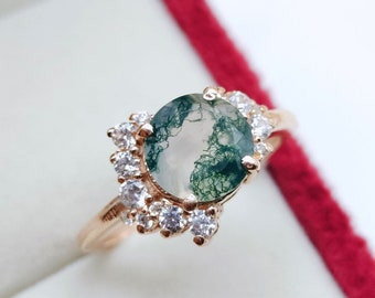 Natural Moss Agate Engagement Ring Round Moss Agate Wedding Ring Dainty Ring Art deco Ring Sterling Silver Ring Gold Promise Ring for Women