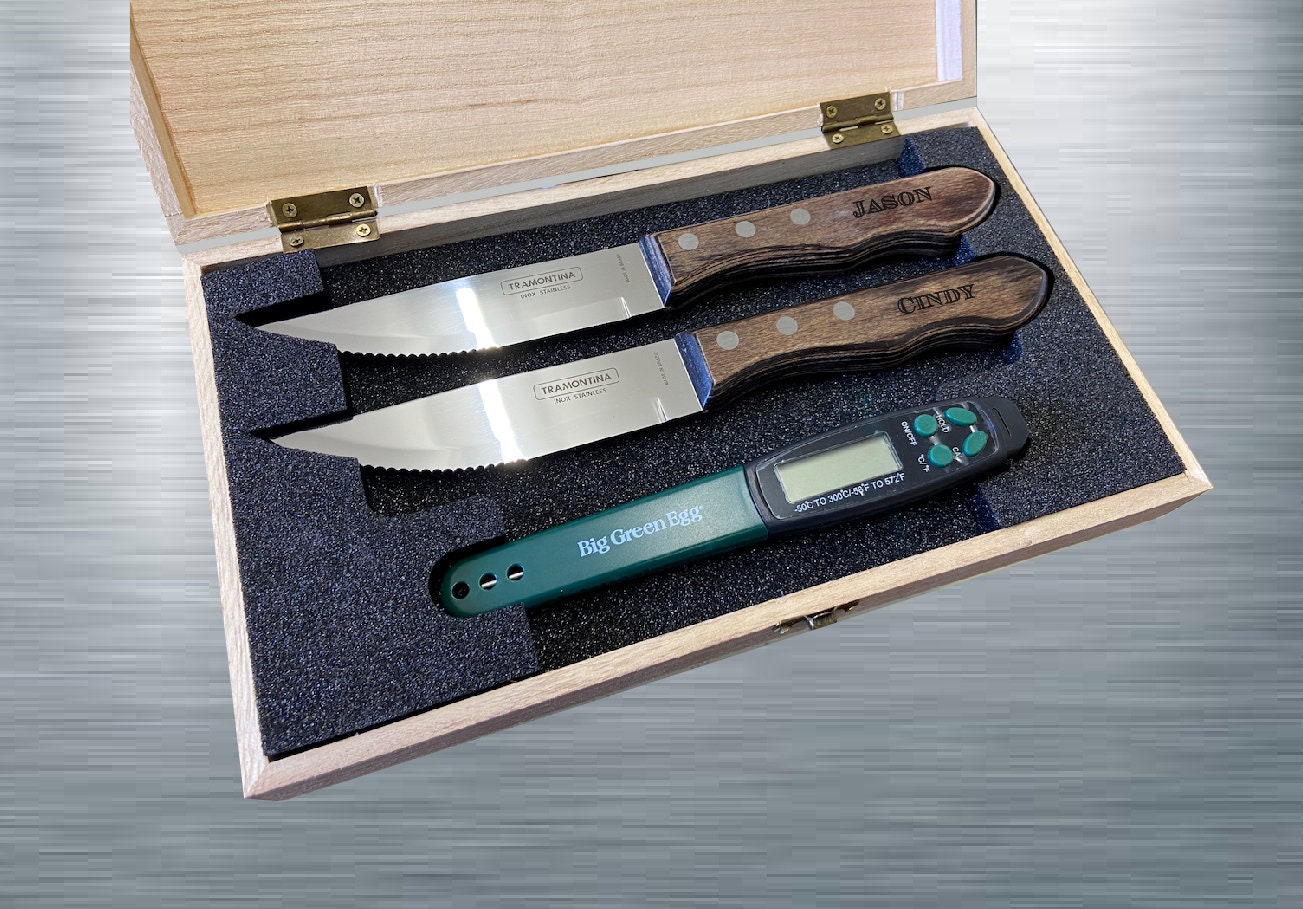 Personalised 2 Tramontina Steak Knives & Thermometer Box Set 