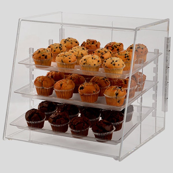 Three Tray Baker Clear Acrylic Pastry Display Case: Cafe, Bakery, Bread, Donuts, Bagels