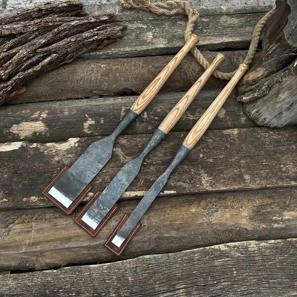 Forged Slick Chisels. Strait chisels. Chisels for wooden frames. Japanese style chisels. Woodworking tools. Carpenter tools. Hand forged