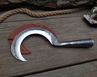 Forged sickle with forged handle. The tool for herbalism. Forged braid handmade for collecting herbs. boline Ritual sickle. Hand Forged