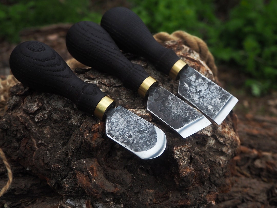 Skinning Knife Set 3pcs. Hand Made Knife for Leather. Beveled