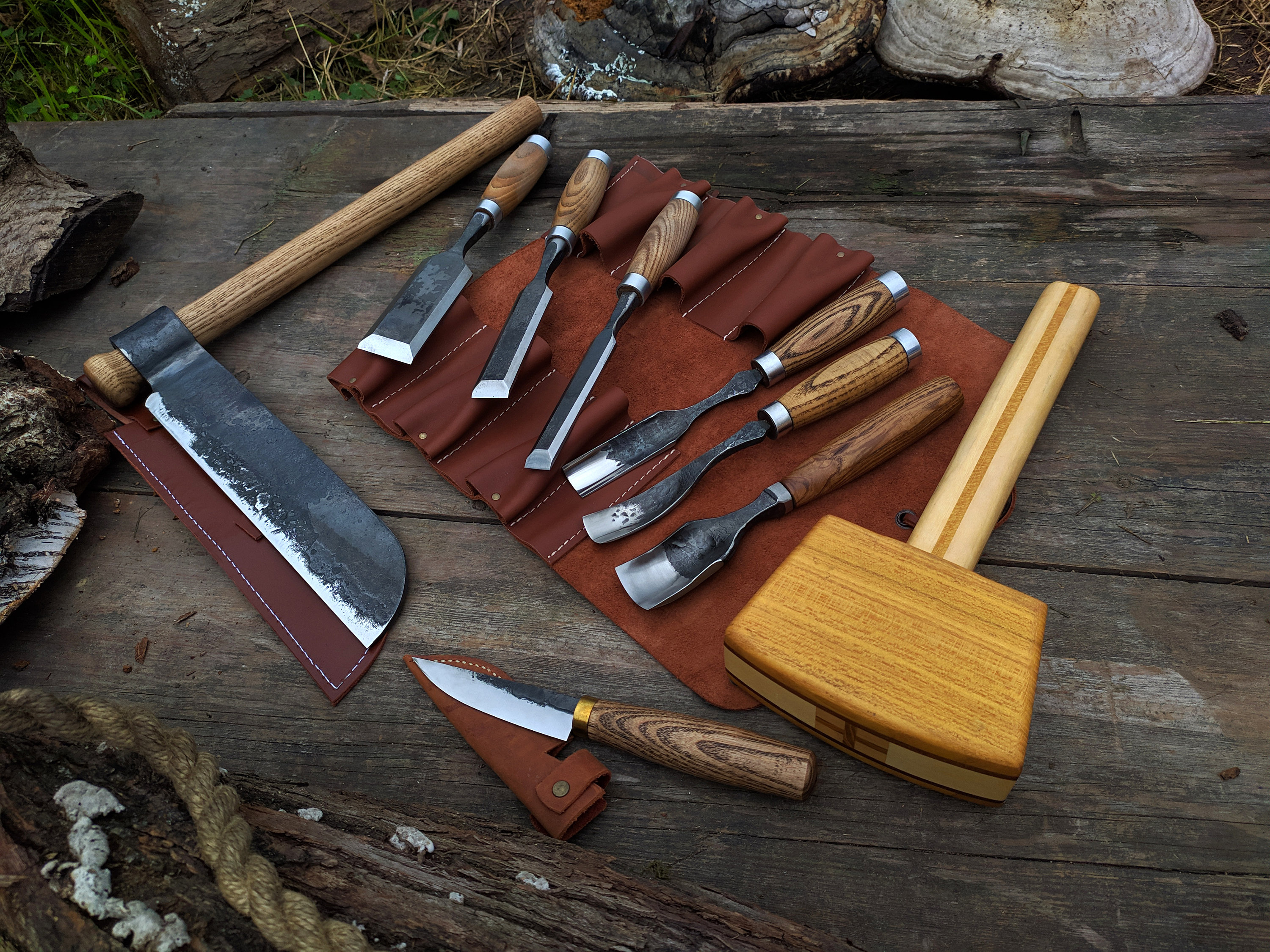 Forged Bent Gouge Set 9pcs. Forged Splitting Froe. Bent Chisel