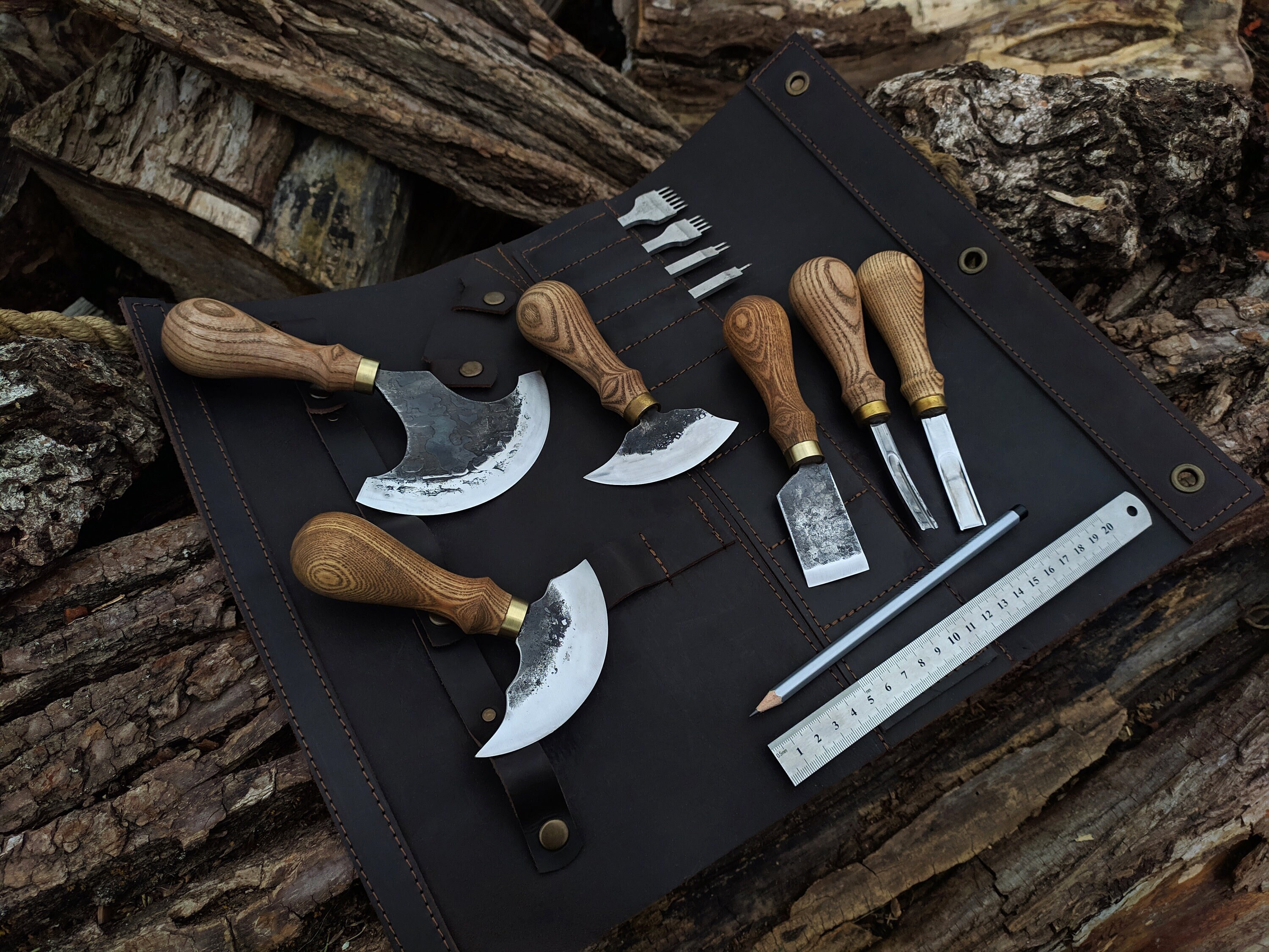 Leather Knife Set 15pcs. Hand Made Forged Knife for Leather