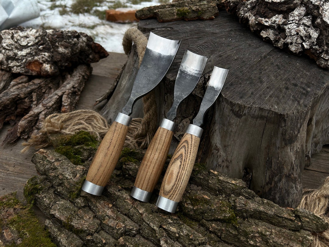 Forged Bent Gouges Set 3 PCS. Bent Chisel. Rounded Chisel. Forged Spoon ...