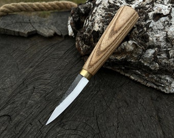 Houtsnijwerk Sloyd-mes met lederen schede voor whittling en voorbewerken. Gesmeed Sloyd-mes D36. Lepel snijgereedschap. ForgedSteelTools