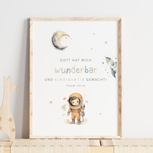 Kinderposter Christlich mit Bibelvers | Geschenkartikel - Geburt/Taufe | Mädchen und Jungen | Astronaut - Naturtöne | Psalm 139,14