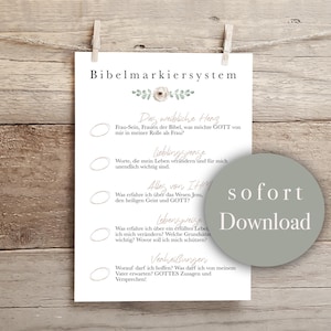 Może przedstawiać: Biała, drukowalna kartka z kwiatowym wzorem u góry. Na kartce widnieje tytuł "System oznaczania Biblii" i znajduje się na niej lista pytań z polami wyboru. Tekst "sofort Download" znajduje się w zielonym kółku w prawym dolnym rogu.