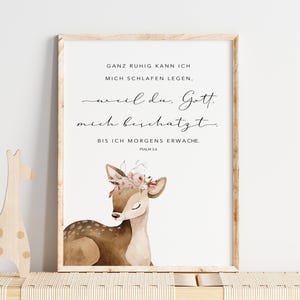 Póster infantil Cristiano con versículo de la Biblia | Artículos de regalo - nacimiento/bautizo | Niñas y niños | Flores y ciervos | Salmo 3:6