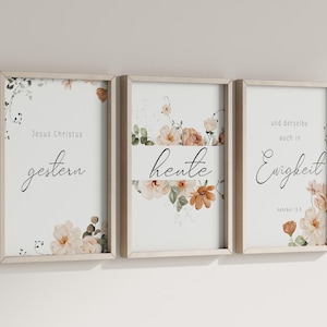 Bibelvers Christlich Poster-Set | Naturtöne Beige Floral - Christliche Geschenkartikel/Wanddekoration | Gestern, heute, Ewigkeit