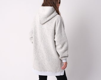 Grey Maxi Oversized Warm Merino Wool Hoodie, Extra Warm Wool Sweater With Hood, Super oversized Plus Size Sweatshirt, Custom Natural Hoodie