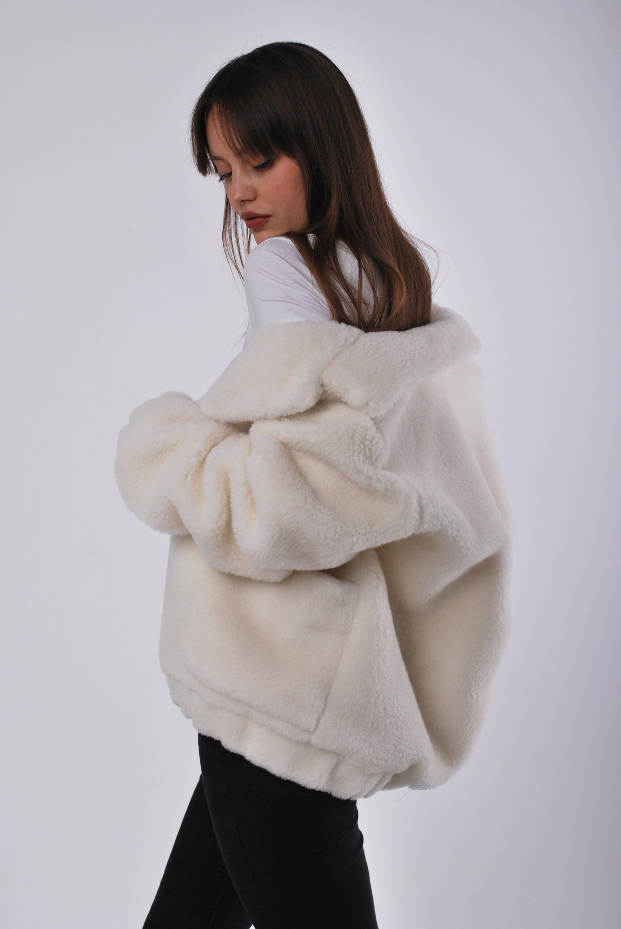 Merino Wool Short White Fur Coat Women's Oversized Fur Etsy