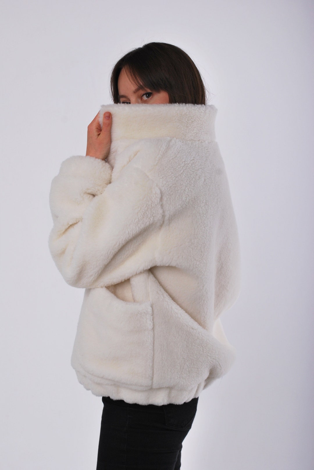 Merino Wool Short White Fur Coat Women's Oversized Fur Etsy