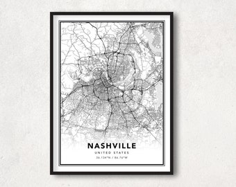 Nashville Map Print Poster, Nashville Tennessee, Nashville Map Wall Art, Nashville Wall Decor, Gift Map Nashville Minimalist - MPN07