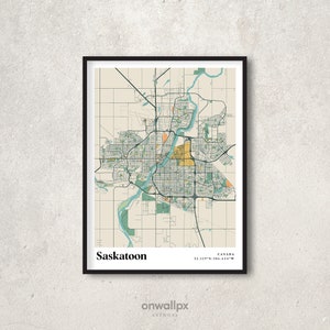 Impression carte de Saskatoon, affiche de carte de Saskatoon rétro, art de la carte des rues de Saskatoon vintage, carte cadeau Saskatoon Canada, décoration murale Saskatoon, RC105